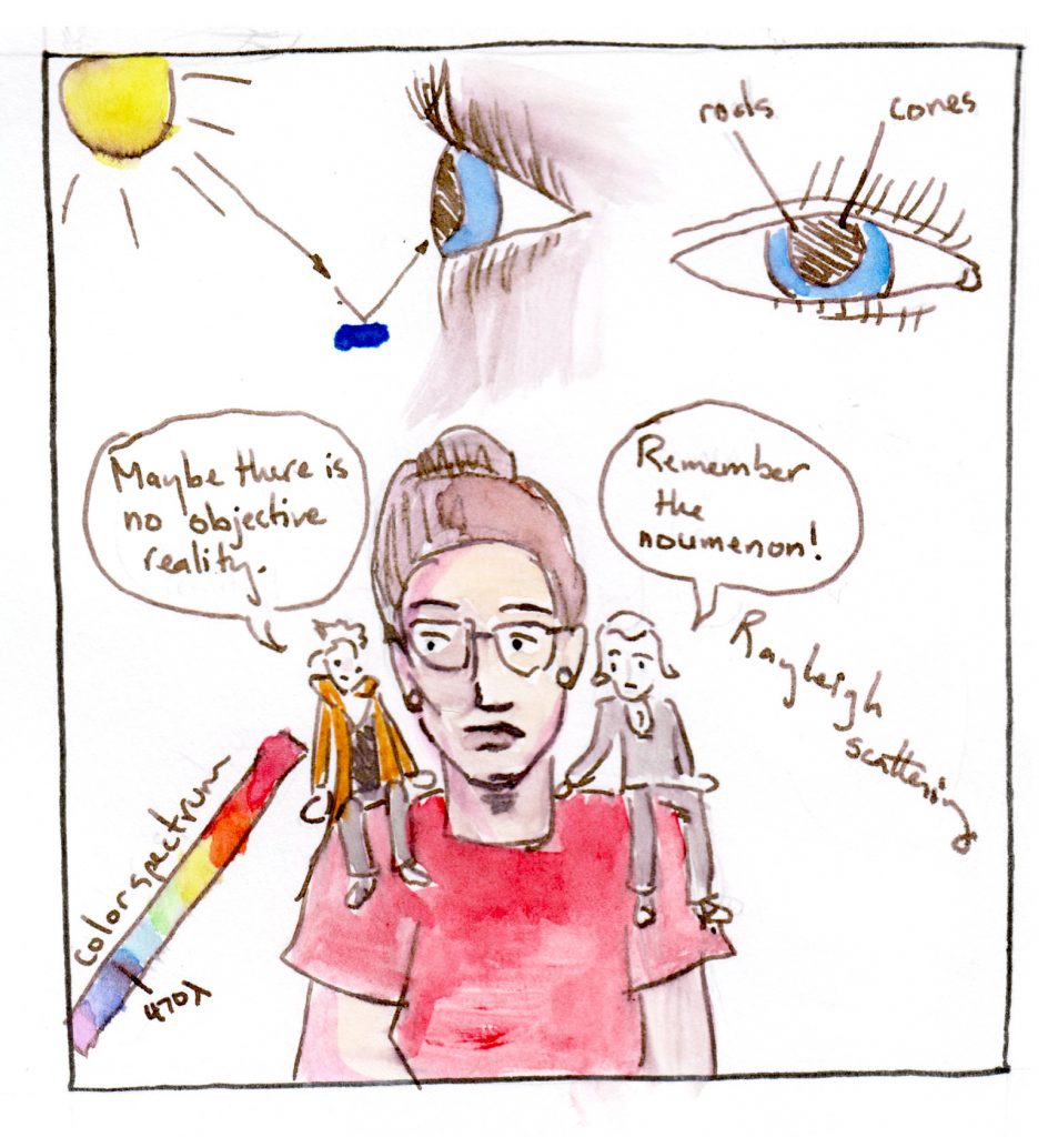 Em in center of panel with different images indicating her thoughts surrounding: above, light leaves the sun and bounces off blue paint into the eye. An image of an eye with the words "rods" and "cones". The term "Rayleigh scattering." A color spectrum with 470 lambda (nanometers) pointed out. On her right shoulder, Derrida says "Maybe there is no objective reality." On her left shoulder, Kant says, "Remember the noumenon!"