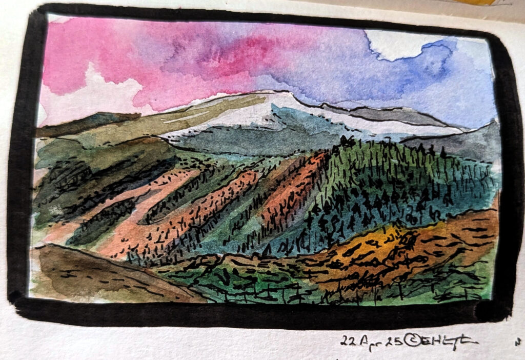 A watercolor sketch of a mountain in Tasmania with some pink and purple clouds behind it.