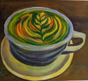 An acrylic painting of a green tea latte with colorful latte art on top that looks like a floweer.