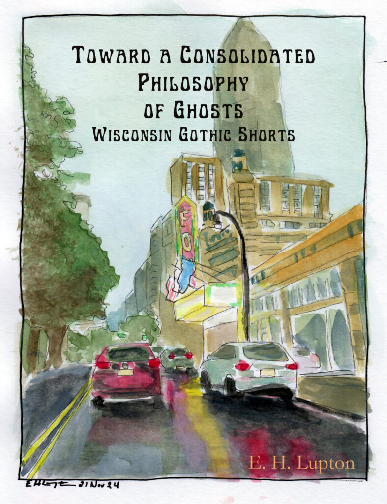 Cars driving along a rainy street, painted in watercolor. Toward a Consolidated Philosophy of Ghosts: Wisconsin Gothic Shorts. Shoutout to SweetMonkeyJesus on Mastodon whose photo I painted!