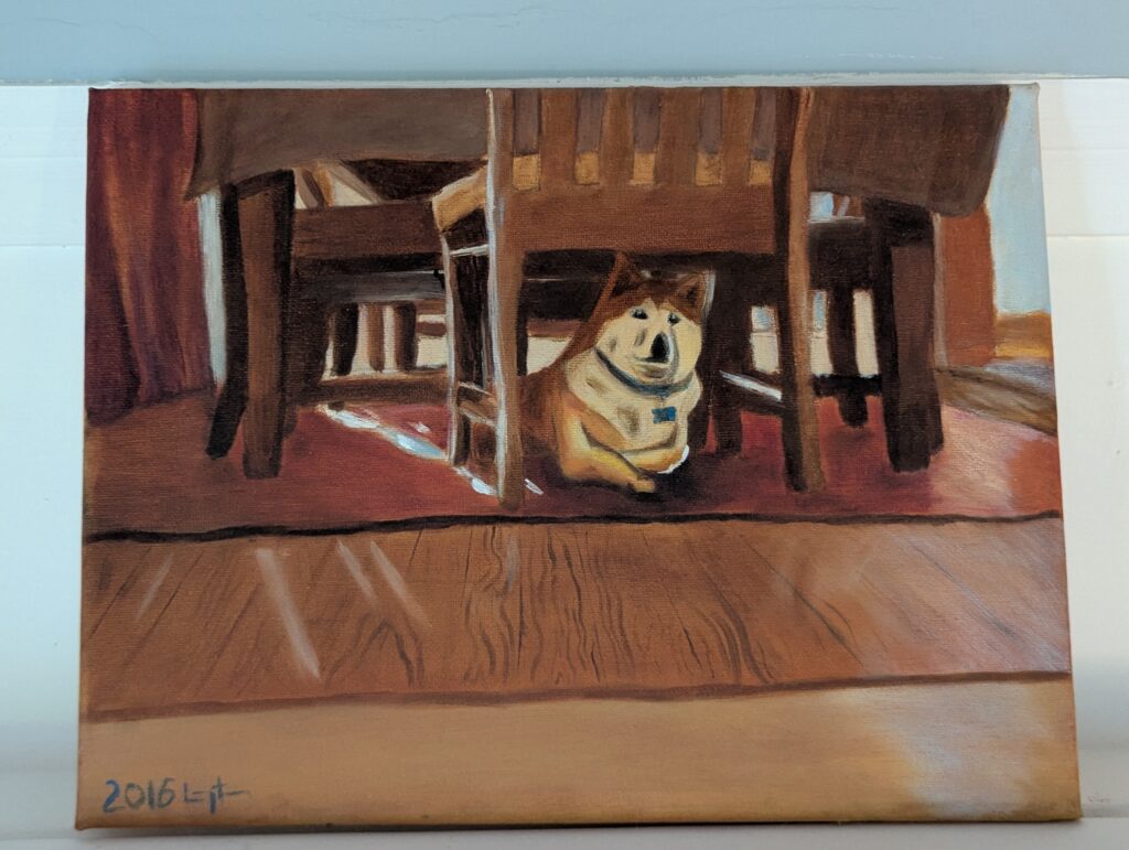 An oil painting of Dr. Maya Angelou the Dog (DFA) under a table. She is a red shiba inu. 