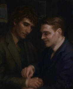 Sam and Ulysses, wearing nice suits. Ulysses is helping Sam with a cuff link. It's a scene from The Alignments.