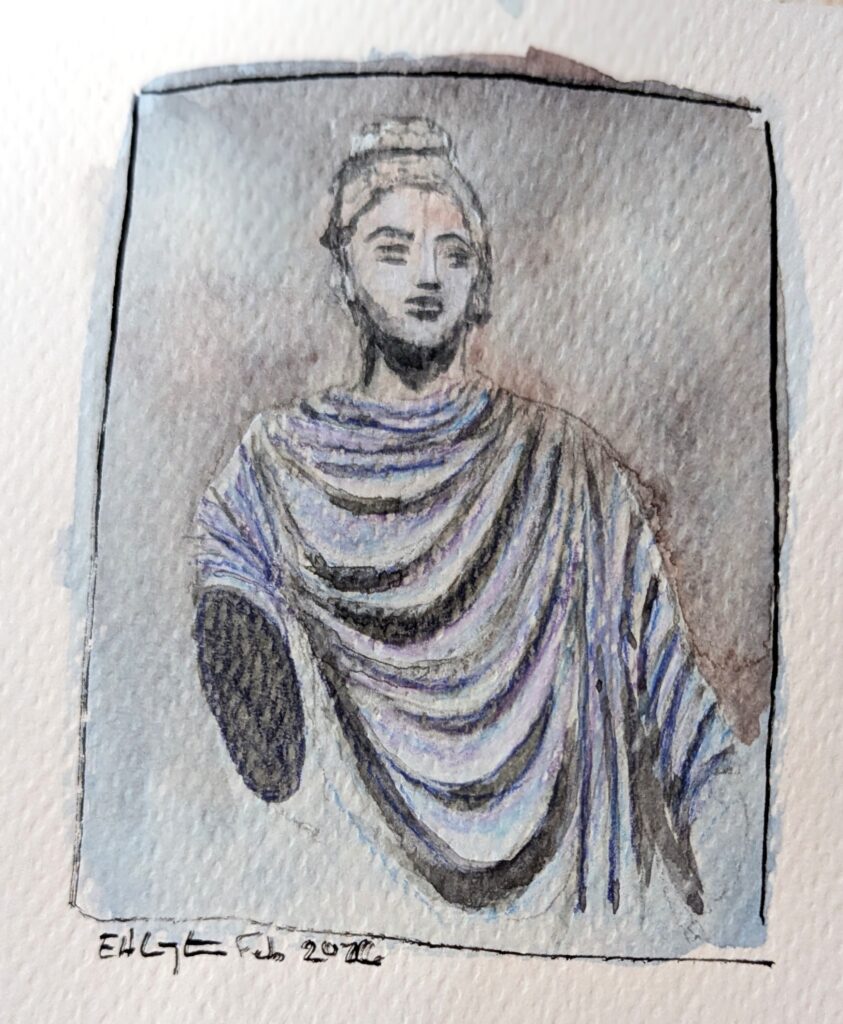 A watercolor and colored pencil sketch of a standing Buddha statue.