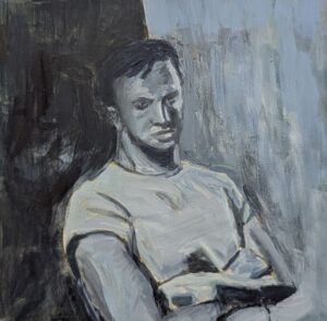 Marlon Brando, somewhat abstract, done in monochrome acrylics.