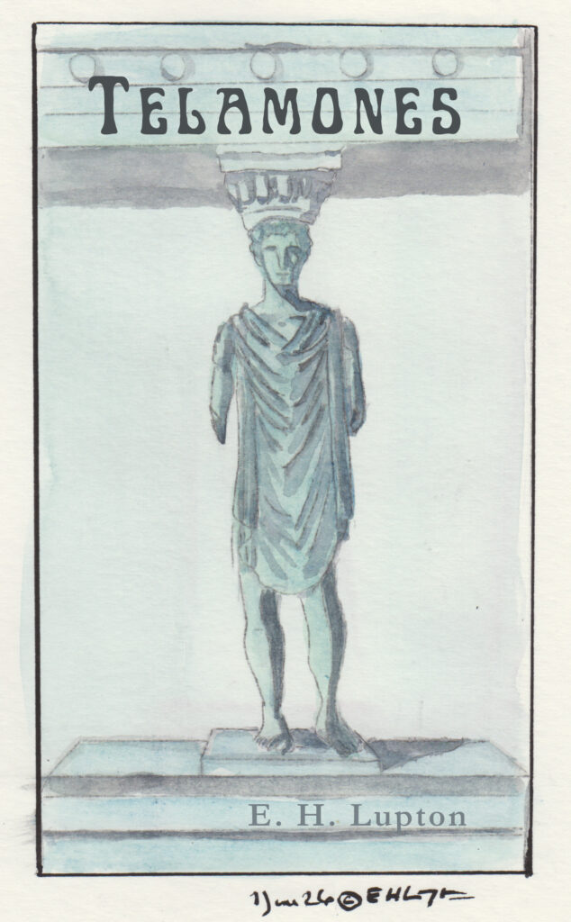 A Telamon is a male statue used as a column or support in a building. This is a gray-green watercolor painting of a telamon.