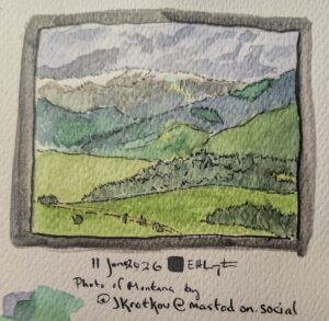 A Montana landscape, with mountains in the background and green hills in the foreground, done in watercolor based on an image found on mastodon.