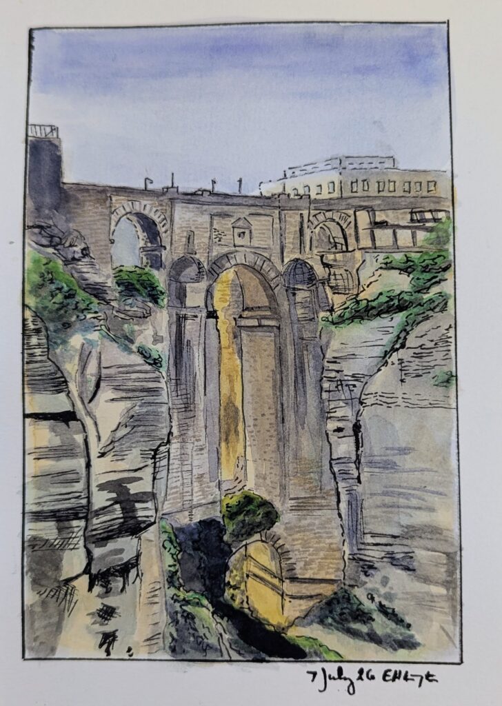 A watercolor and pen drawing of a bridge in Spain (the Puerto Nuevo in New Caledonia). It looks vaguely Roman but it was started in like 1757.