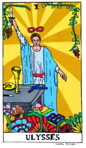 Ulysses done in the style of a Rider-Waite tarot card with 1960s-style flowers.